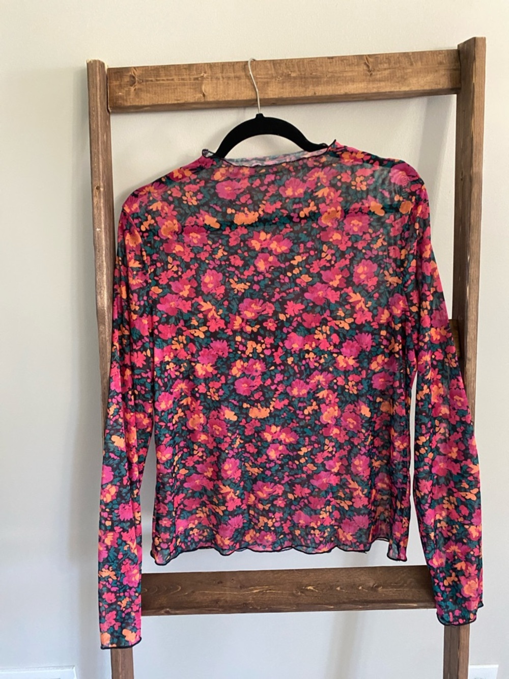 Floral Mesh Long Sleeve Top in Pink & Orange